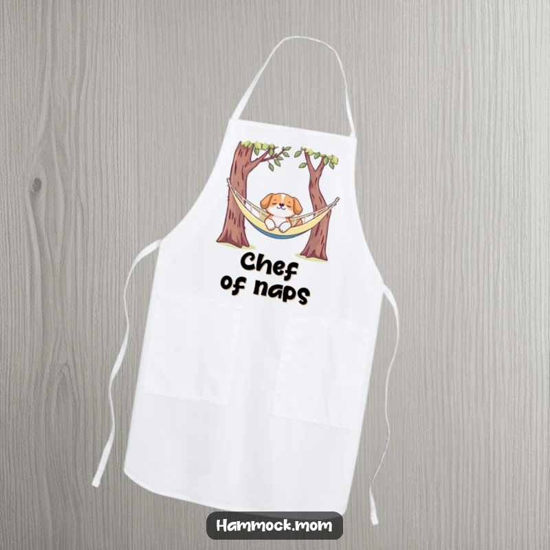 Funny dog apron showing a dog lounging in a hammock, perfect for adding humorous protection while cooking or crafting.