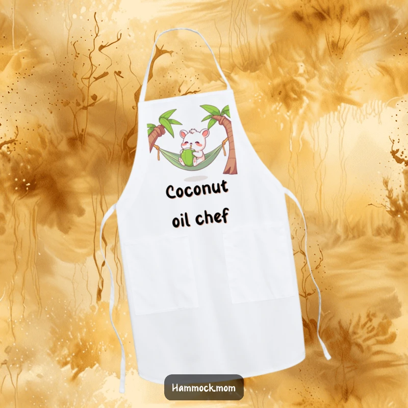 Funny Tropical Animal Apron with a character joyfully drinking from a coconut, ideal for a humorous cooking gift.