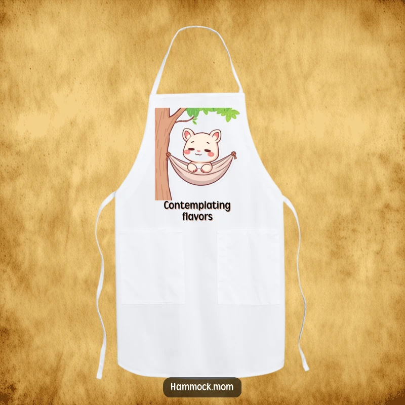 Funny Hammock Mom Animal Apron: A cartoon mom animal in a hammock, smiling faintly, lost in thought, a funny kitchen accessory.