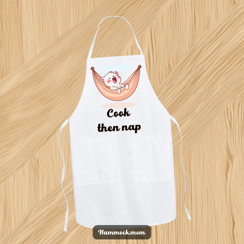 Funny yawning animal character apron, relaxed in a hammock, breezy kitchen accessory, humorous gift for home cooks.