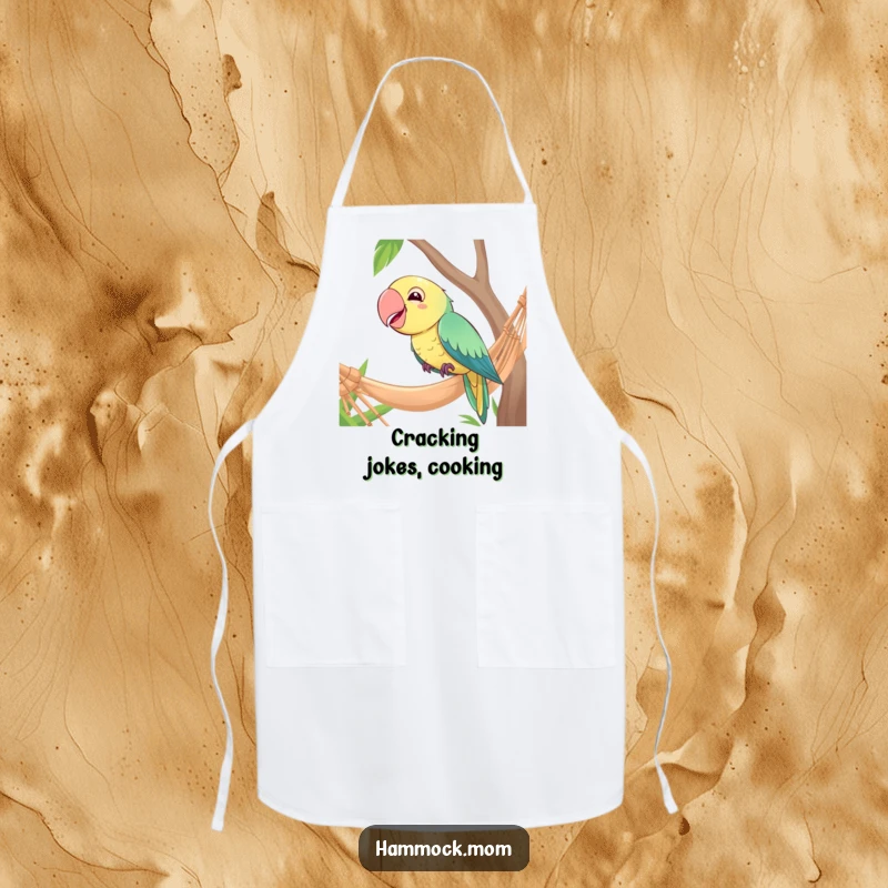 Funny apron with a giggling parrot perched on the edge of a hammock, ideal for kitchen antics.