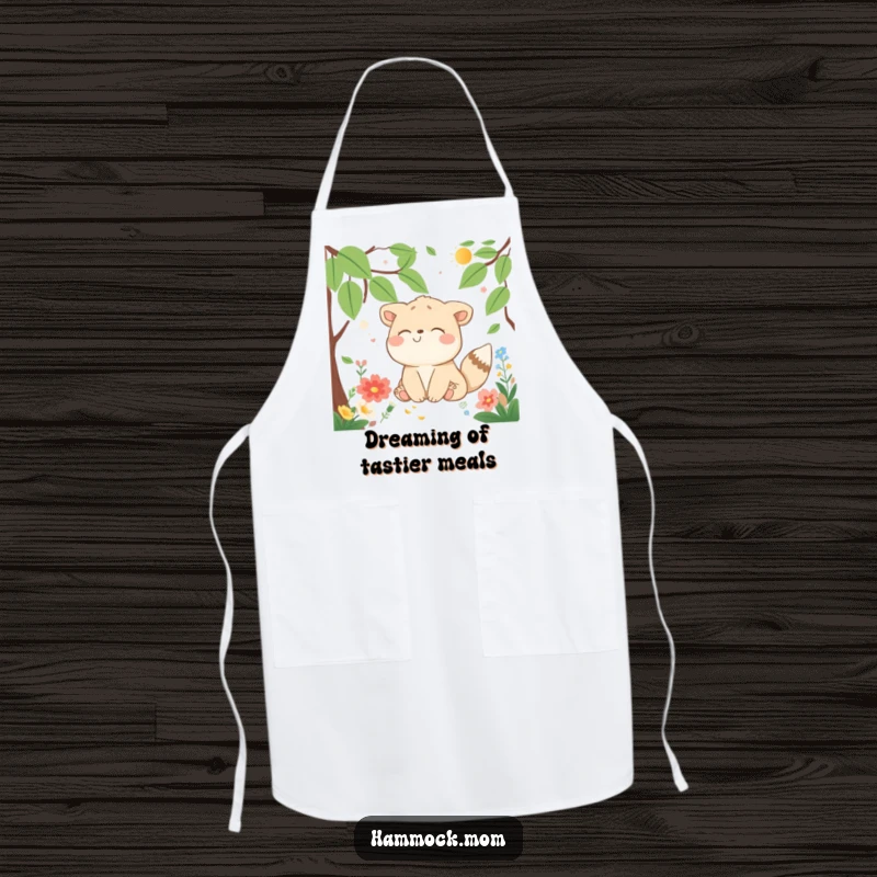 Funny Apron featuring a delighted animal character dreaming while surrounded by nature, perfect for kitchen fun and humor.