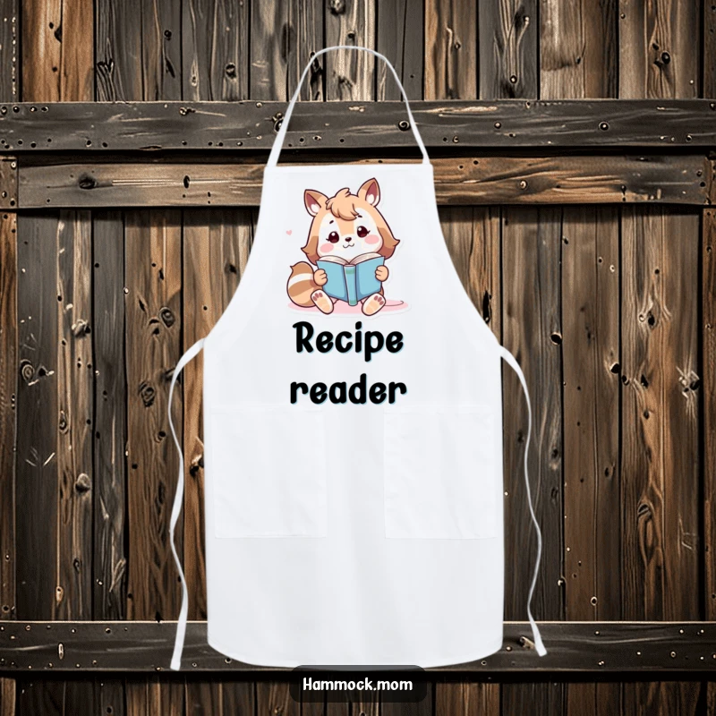 Funny playful animal character lounging with a book, humorous and practical kitchen apron.