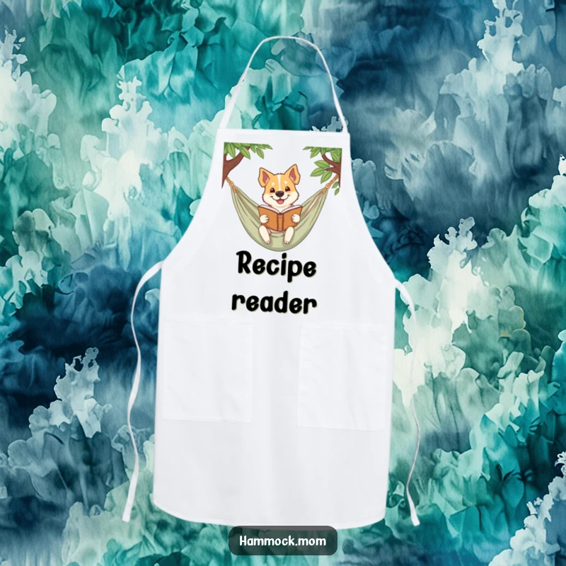 Funny dog apron featuring a dog smirking while reading a book in a hammock, perfect for humorous kitchen activities.
