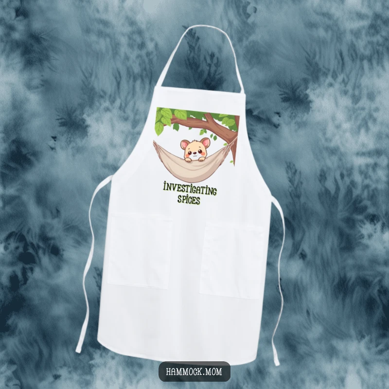 Funny apron showing a curious animal character peeking over a hammock edge, bringing humor to the kitchen.