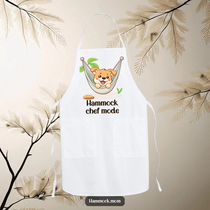 Funny dog peeking from a hammock wearing an apron, looking amused while cooking, a great funny gift for chefs.