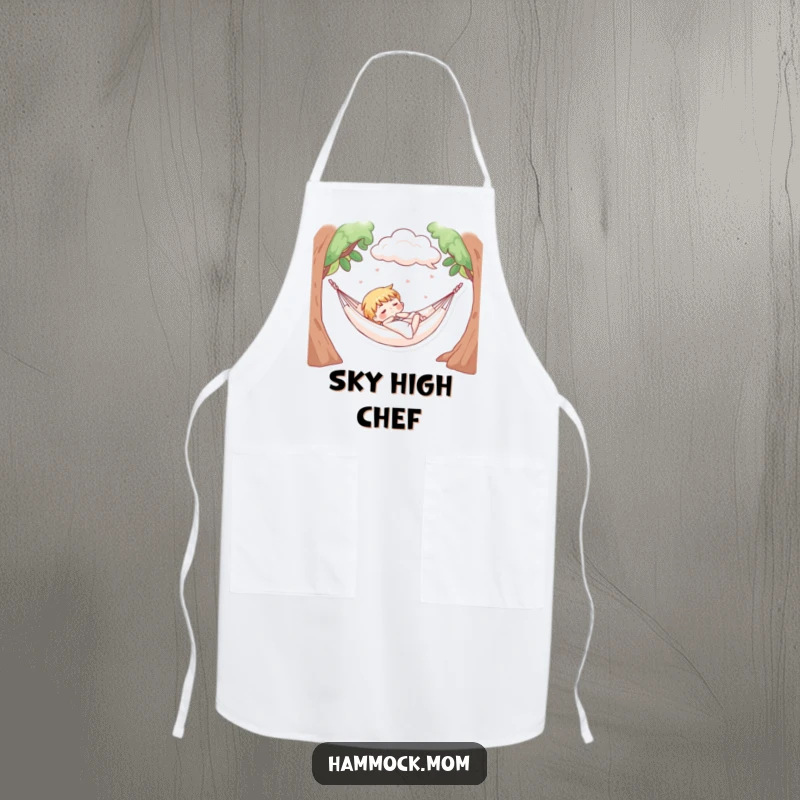 Funny apron showing a character napping in a hammock with soft, fluffy clouds above, adding humor to cooking.