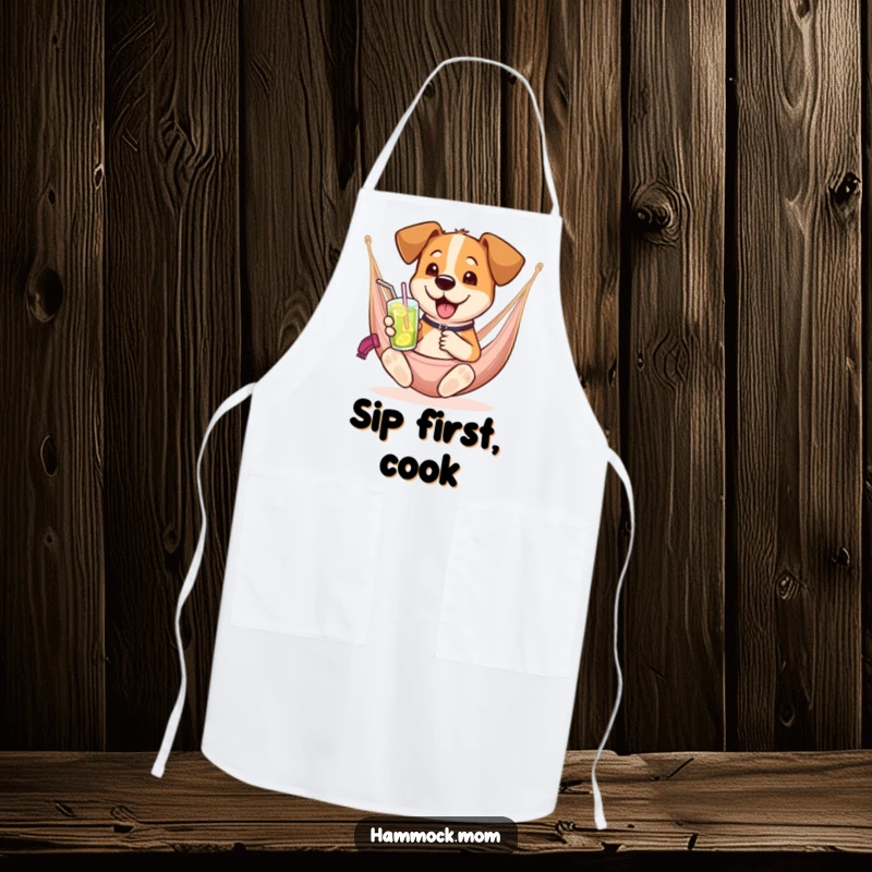 Funny dog apron featuring a dog relaxing in a hammock with a drink, perfect for humorous hosting or cooking.