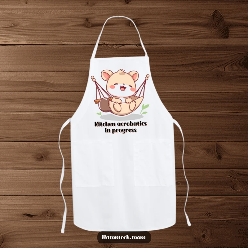 Funny apron depicting a playful animal character giggling as their hammock tips, ideal for bringing a humorous and fun vibe to the kitchen.
