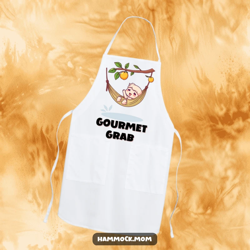 Funny apron showing a character in a hammock, casually reaching for a dangling fruit, ideal for humorous cooking.