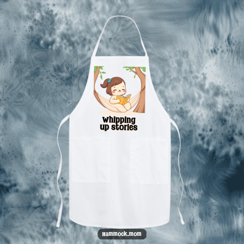 Funny Apron with a mom animal reading a book in a hammock, perfect for a relaxing cooking experience.