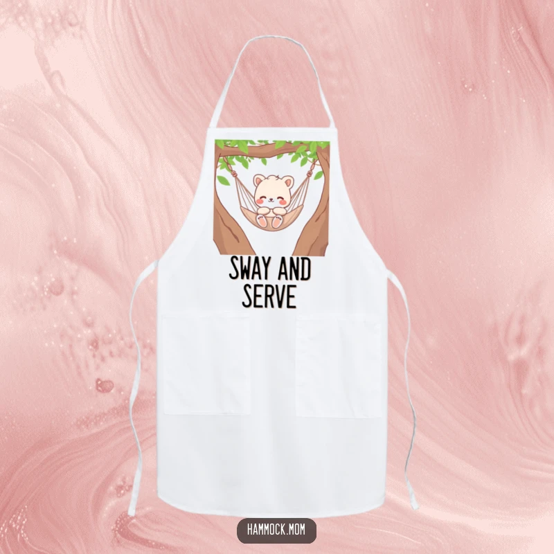 Funny animal character mom gently swinging in a hammock, humorous and practical kitchen apron.