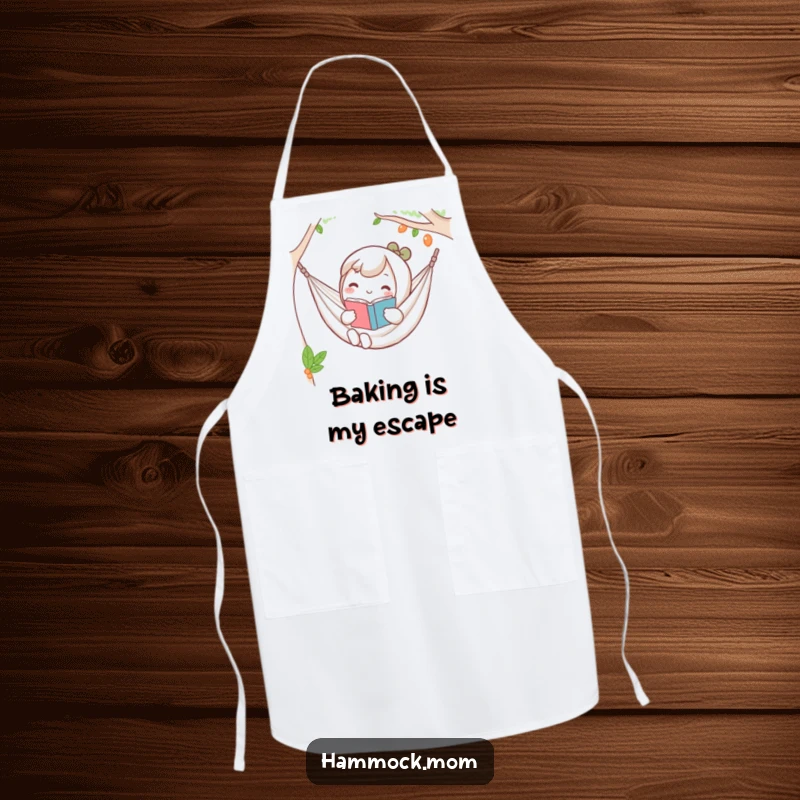 Funny Kawaii hammock apron depicting a character holding a book, looking relaxed, ready for kitchen duties.