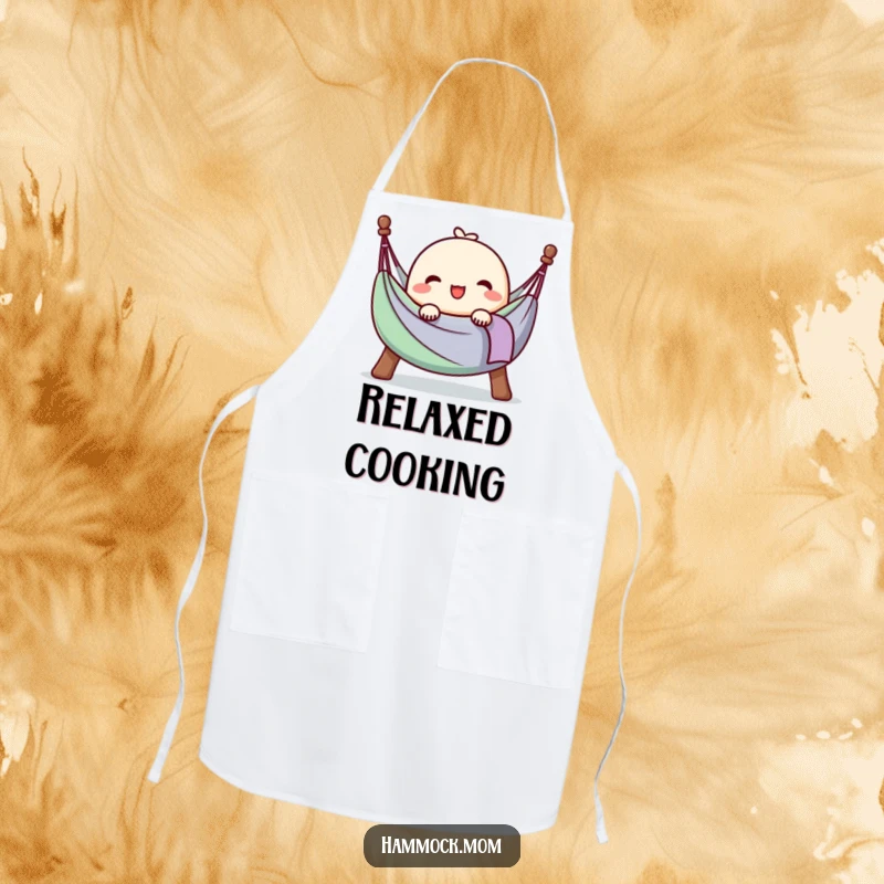 Funny apron with a kawaii hammock character sighing happily, fully at ease, adding relaxed charm to cooking.