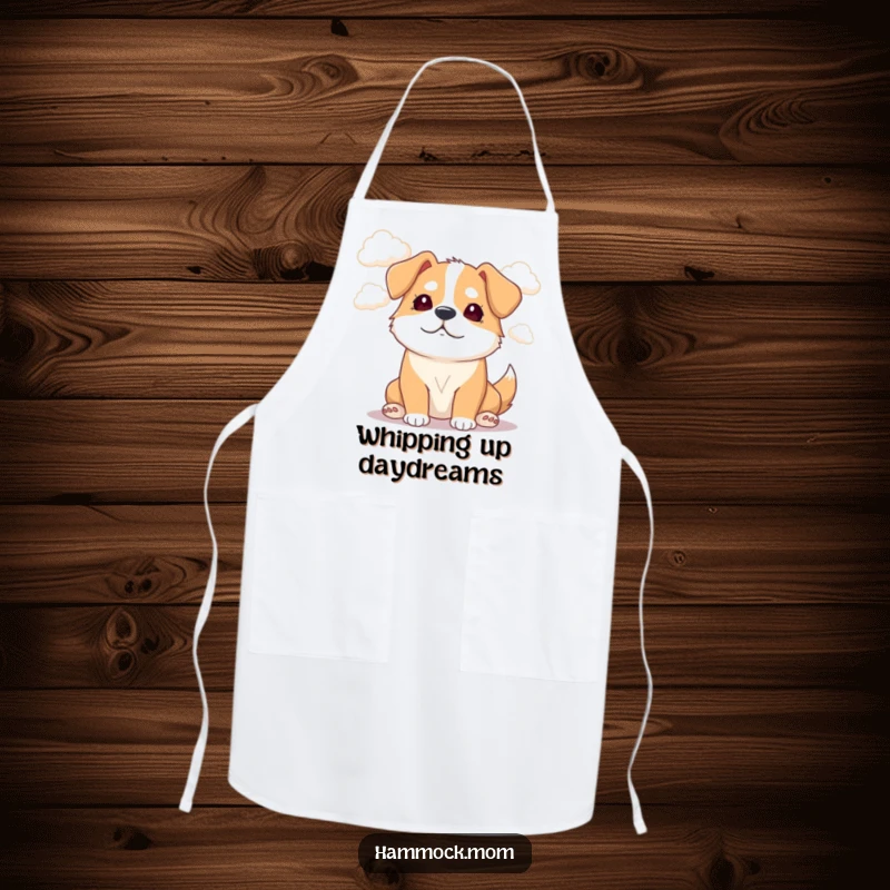 Funny Mama Dog Apron: A mama dog with a dreamy gaze watches clouds, ideal for humorous kitchen protection.