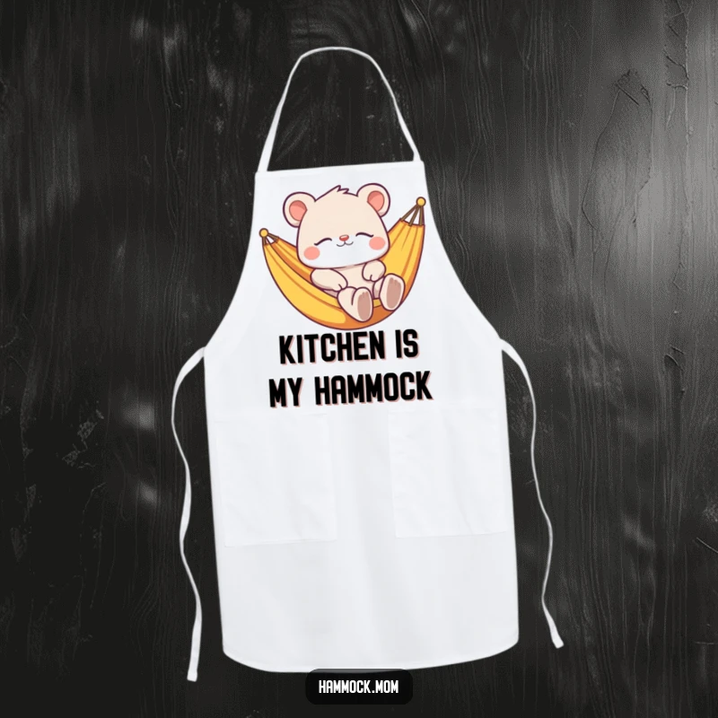 Funny apron depicting a relaxed animal character enjoying downtime in a hammock, bringing a humorous and chill vibe to the kitchen.