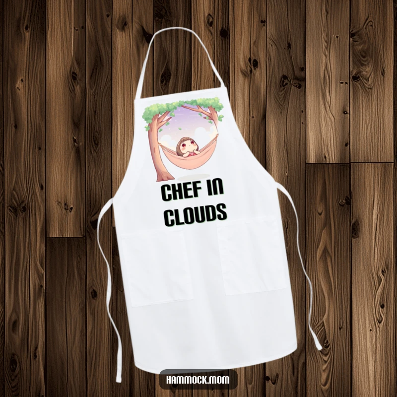 Funny apron showing a character in a hammock looking up at the sky, perfect for humorous cooking sessions.