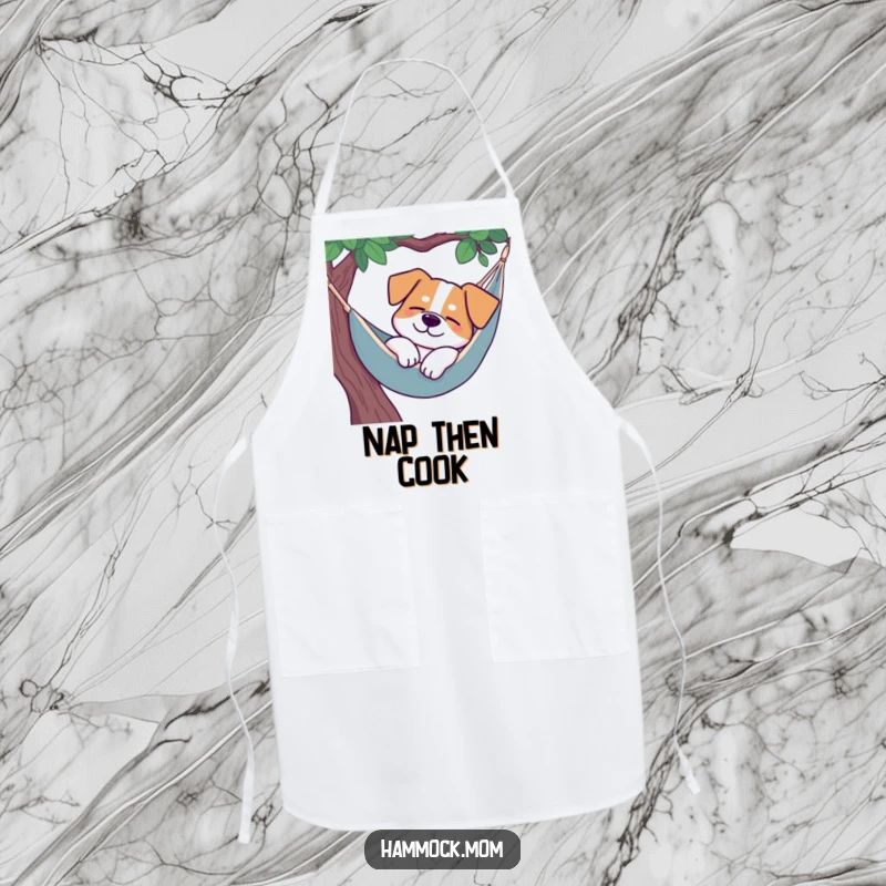 Funny dog hammock apron, a dog sleeping peacefully in a hammock, kitchen relaxation.