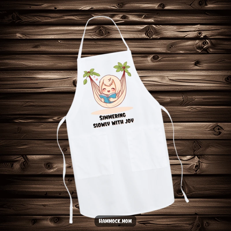 Funny apron showing a delighted hammock character reading a book with a contented sigh, perfect for a humorous cooking experience.