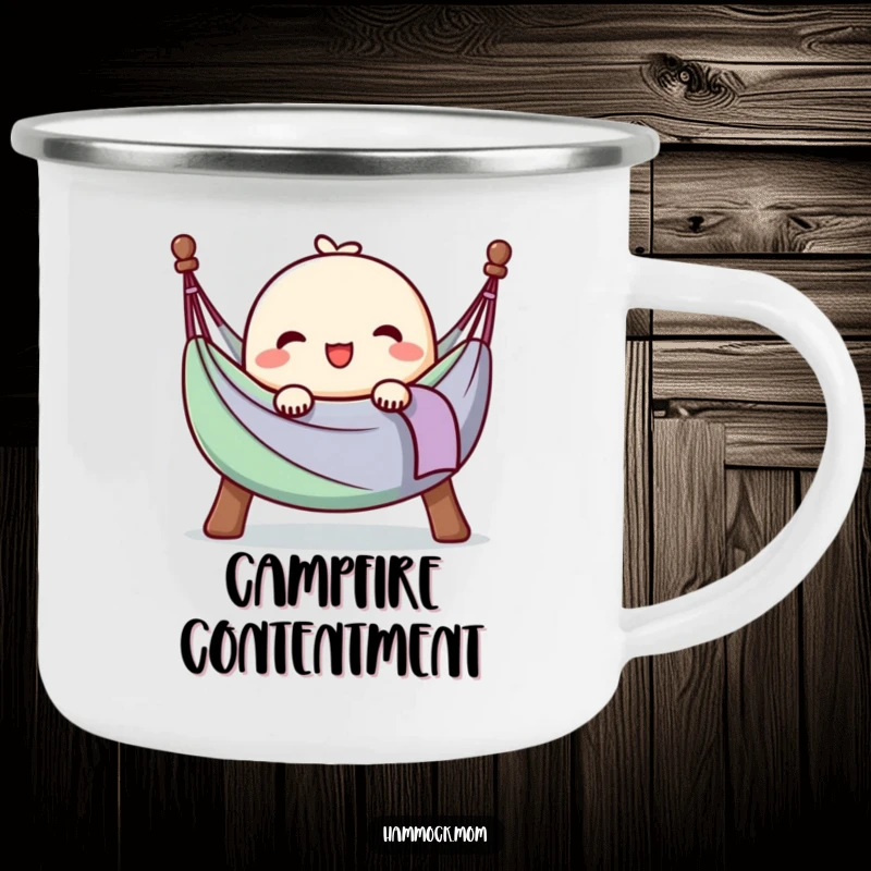 Funny camping mug featuring a kawaii hammock character with a happy sigh, fully at ease, perfect for outdoor relaxation.