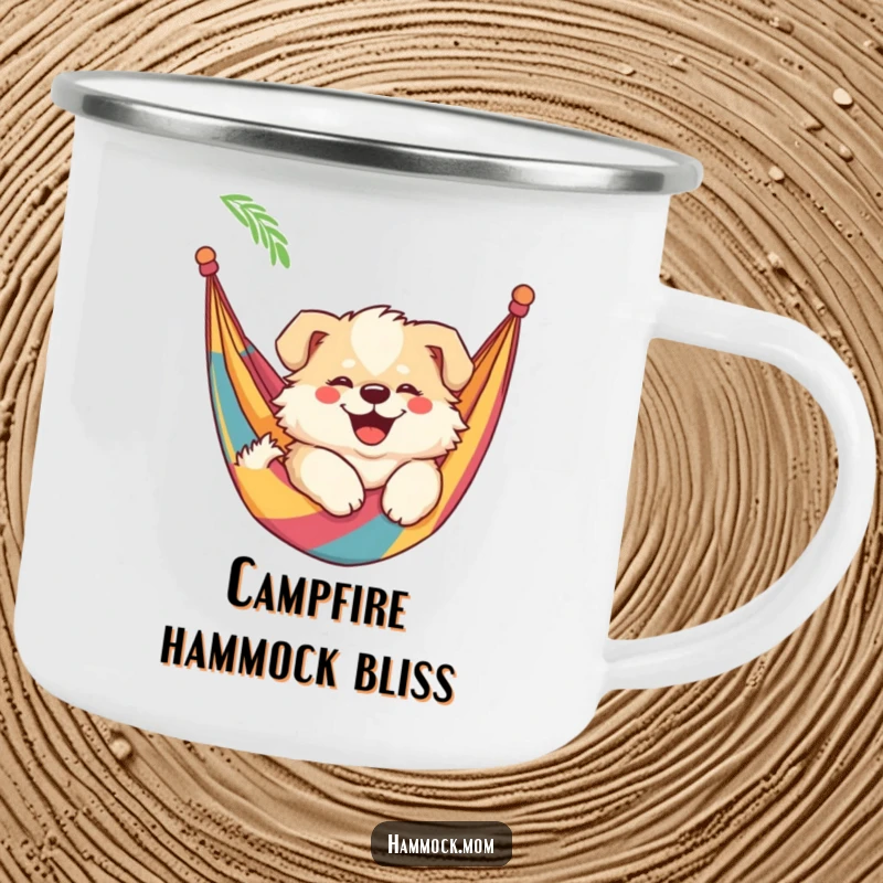 Funny mama dog camping mug depicting a fluffy mama dog with a smile, relaxing in a hammock, perfect for outdoor relaxation.