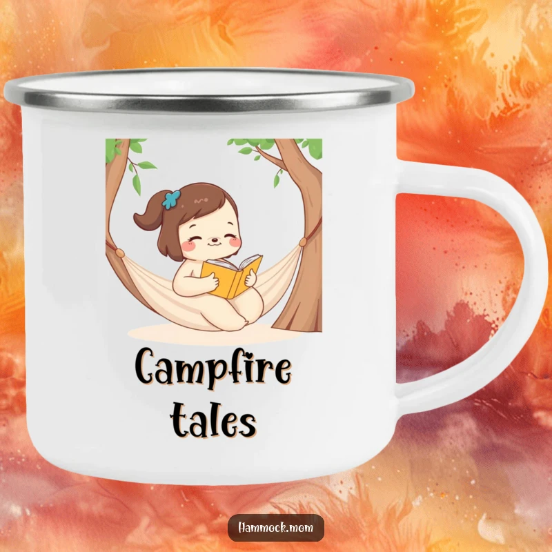 Funny Camping Mug with a mom animal reading a book in a hammock, perfect for outdoor funny reading.