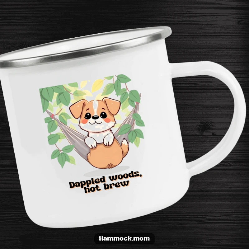 Funny dog enjoying dappled sunlight by a hammock on a camping mug, bringing nature's peace and humor to adventures, a great funny gift.
