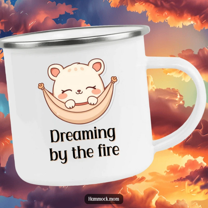 Funny Camping Mug: A cute hammock animal character dreaming with closed eyes and a soft smile, ideal for outdoor relaxation.