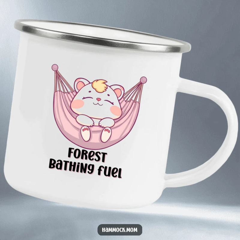 Funny Camping Mug with a mom animal blissfully relaxing in a hammock, perfect for outdoor funny moments.
