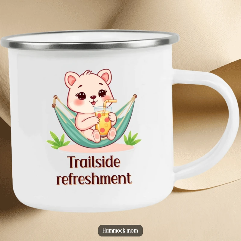Funny Camping Mug with a mom animal holding a refreshing drink with a straw in a hammock, perfect for outdoor funny sips.