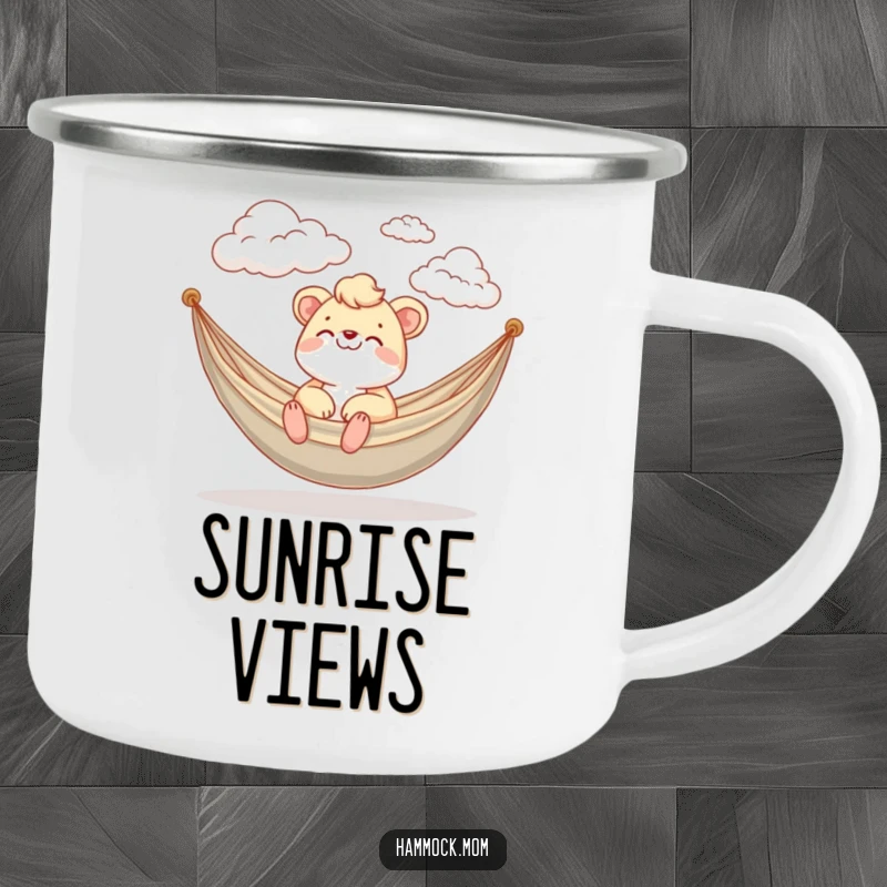 Funny Camping Mug with a mom animal happily watching fluffy clouds drift by in a hammock, perfect for outdoor funny gazing.