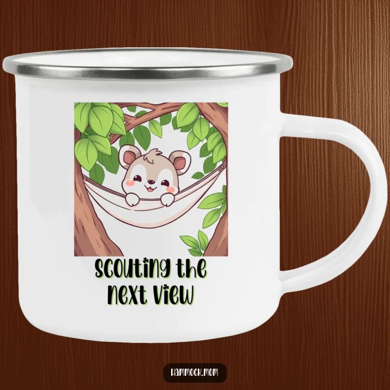 Funny camping mug showing a curious animal character peeking from a hammock with a grin, perfect for adding humor to outdoor adventures.