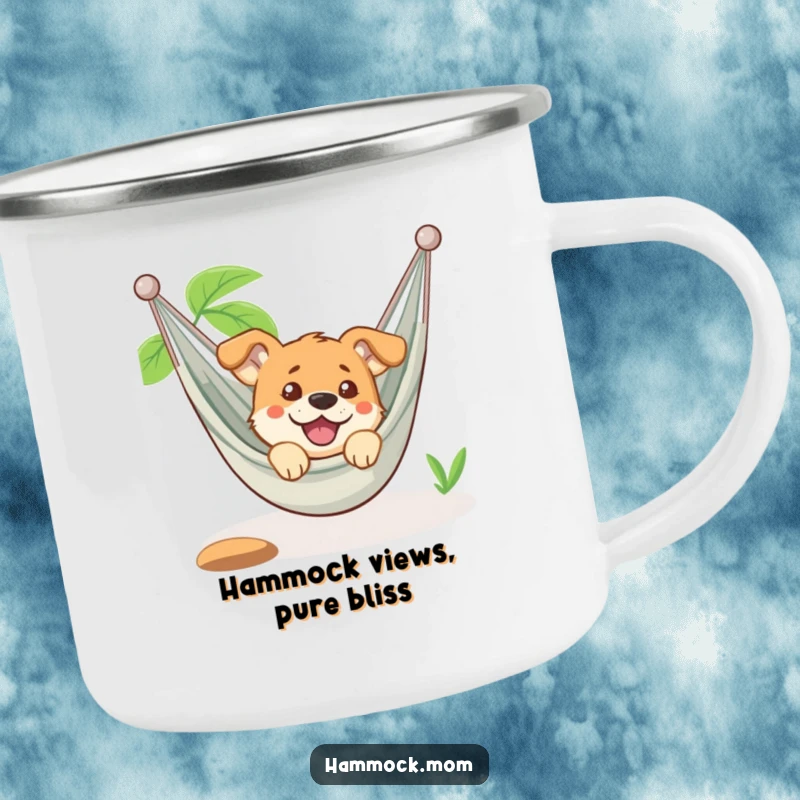 Funny dog peeking from a hammock on a camping mug, looking relaxed and amused, ideal for outdoor use and as a funny gift.