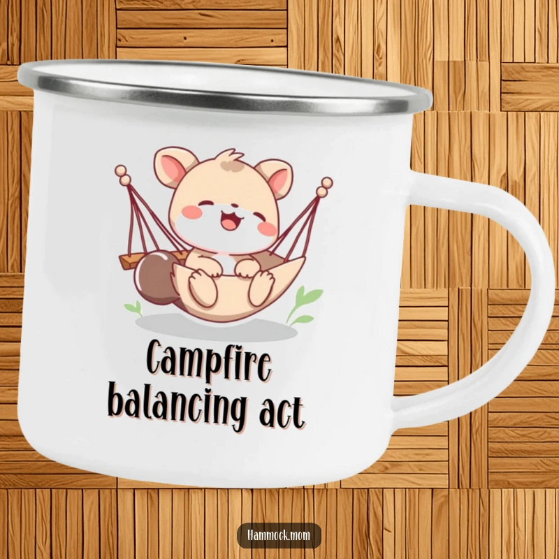 Funny camping mug showing a playful animal character giggling as their hammock tips, perfect for adding humor to outdoor experiences.
