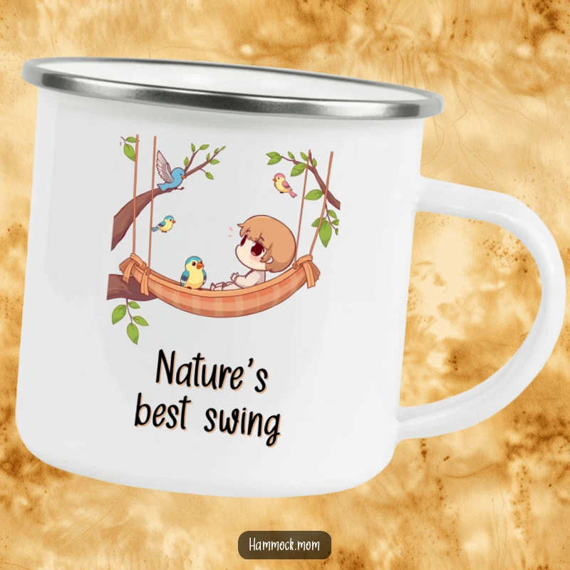 Funny Camping Mug showing a character blissfully watching birds from a hammock, ideal for enjoying beverages during outdoor escapades.
