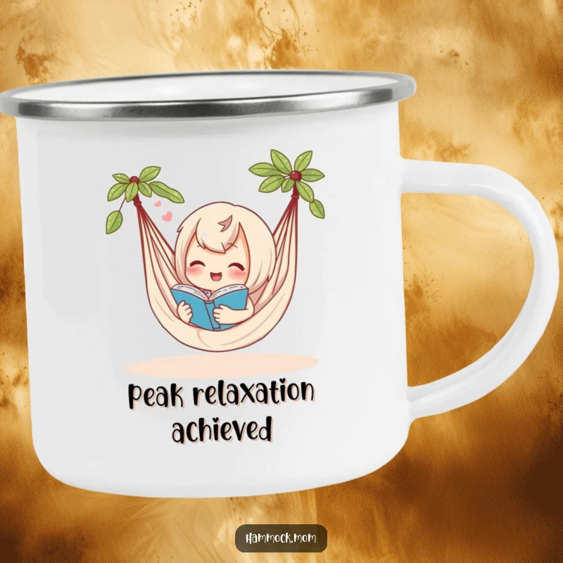 Funny camping mug featuring a delighted hammock character reading a book and sighing contentedly, perfect for enjoying nature humorously.