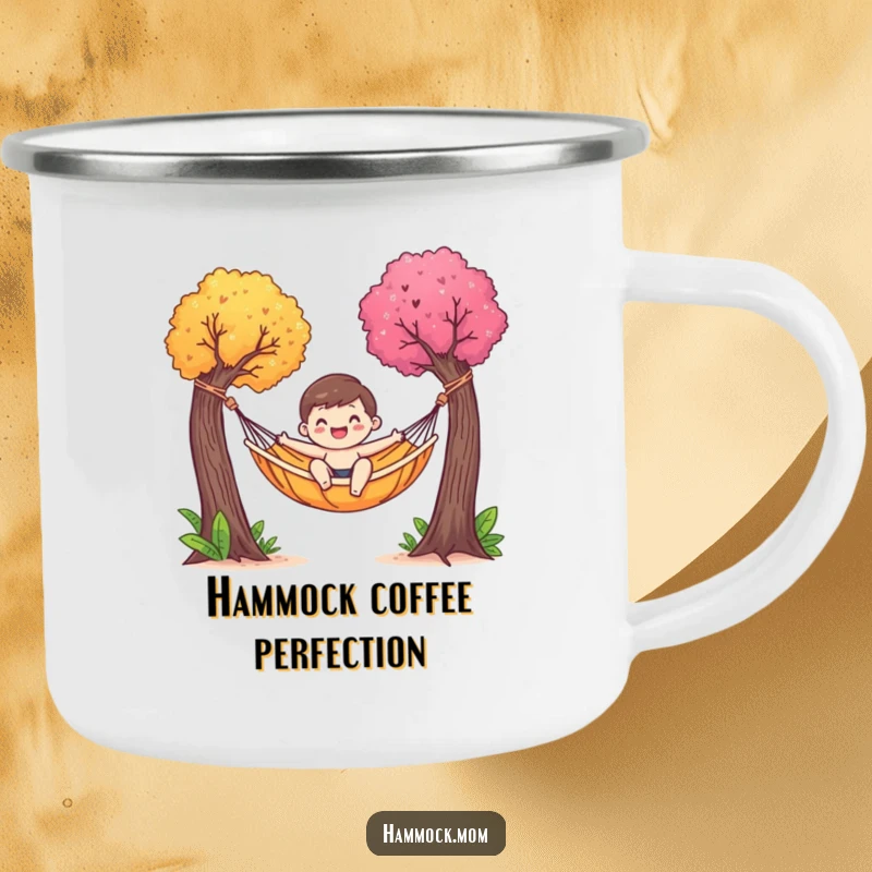 Funny camping mug with a happy hammock character gently swaying between trees, perfect for enjoying drinks in nature's embrace.