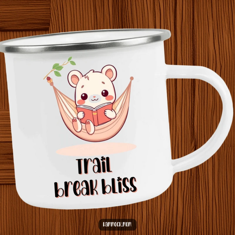 Funny Kawaii hammock animal reading a book in a hammock, a durable and humorous camping mug.