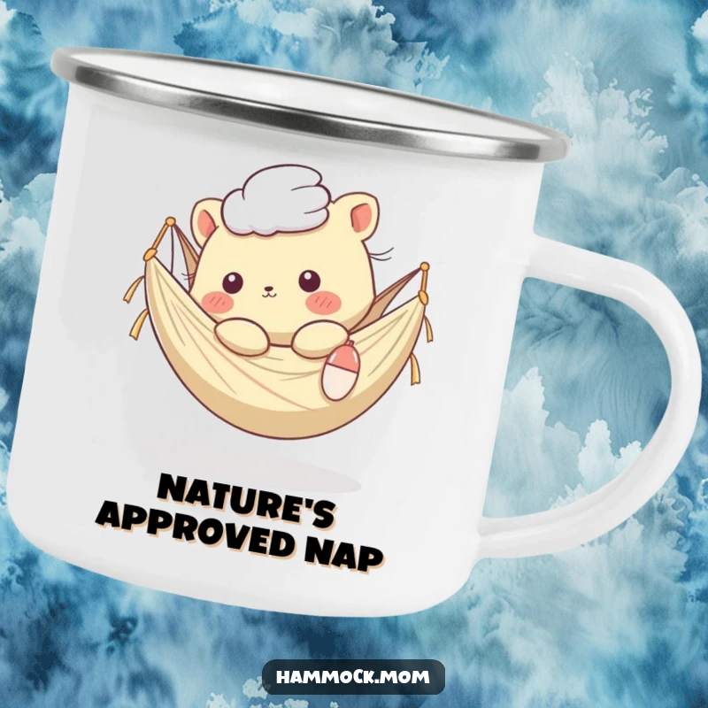 Funny Kawaii Animal Camping Mug: Durable mug with a creature in a hammock, breeze rustling fur, ideal for enjoying nature humorously.