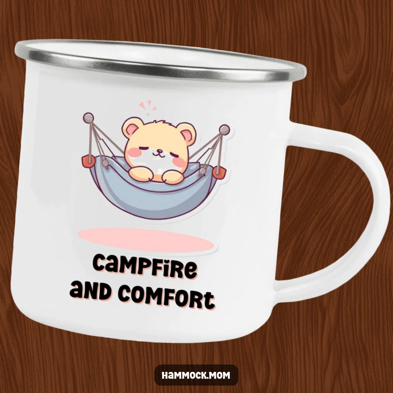 Funny Kawaii Hammock Animal Camping Mug: A durable mug with a relaxed animal in a small hammock, sighing contentedly, perfect for camping.