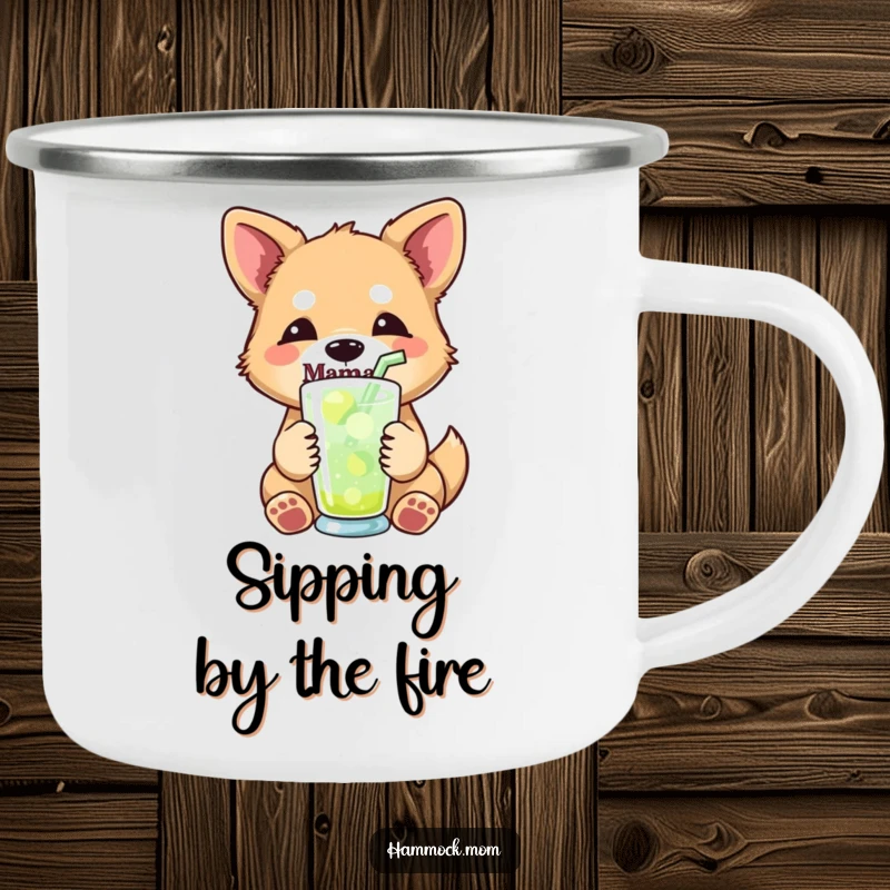 Funny mama dog camping mug depicting a mama dog with a relaxed expression, holding a drink with a straw, perfect for outdoor refreshment.
