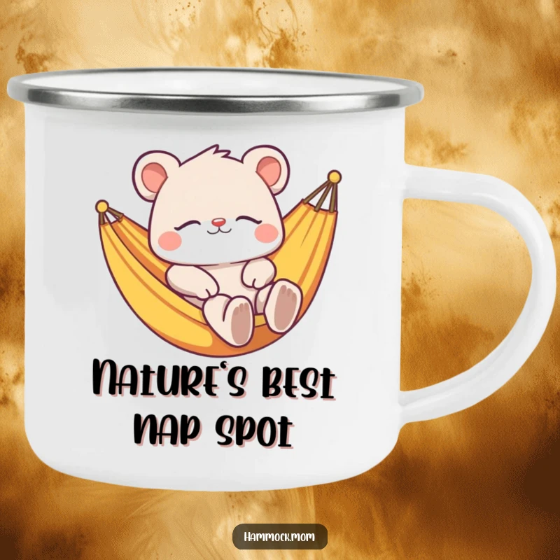Funny camping mug showing a peaceful animal lounging in a hammock, perfect for enjoying nature with a humorous and relaxed spirit.