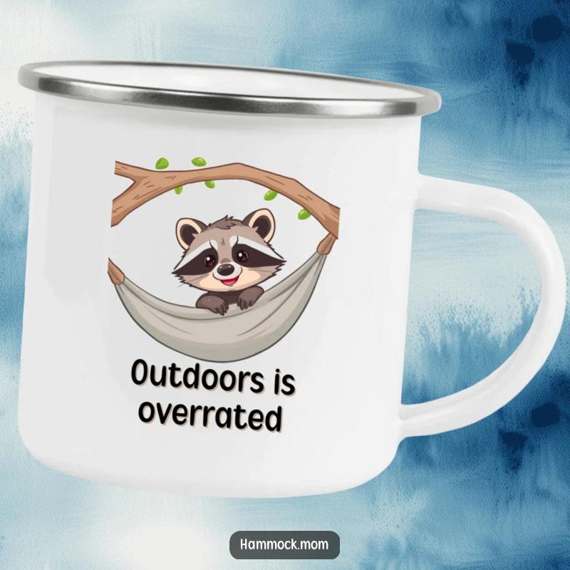 Funny raccoon peeking with a curious grin from a hammock on a sturdy camping mug, perfect for outdoor use.