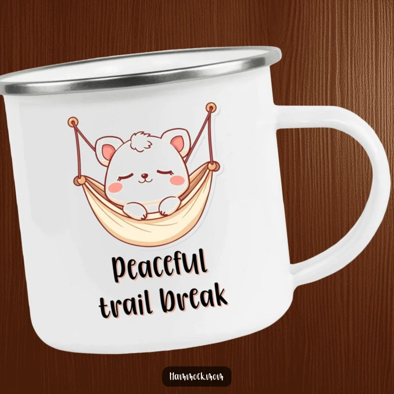 Funny Kawaii Hammock Animal Camping Mug: A durable mug with a sleepy animal gently swaying in a hammock, eyes closed, perfect for camping.