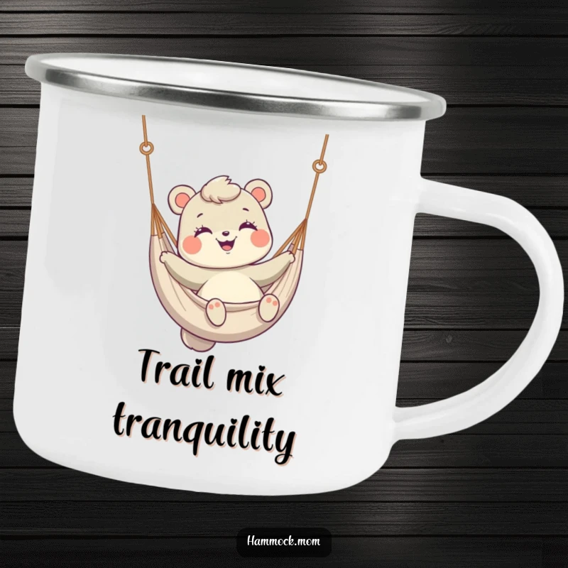 Funny Camping Mug with a mom animal smiling and swinging in a hammock, perfect for outdoor funny moments.