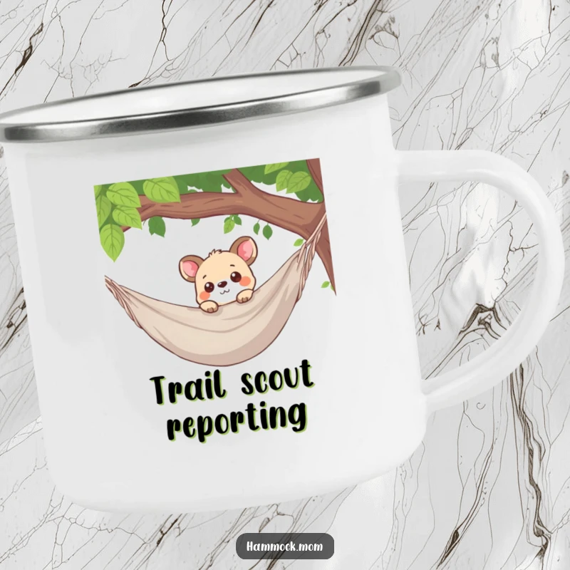 Funny camping mug showing a curious animal character peeking over a hammock edge, perfect for adventurous outdoor drinks.