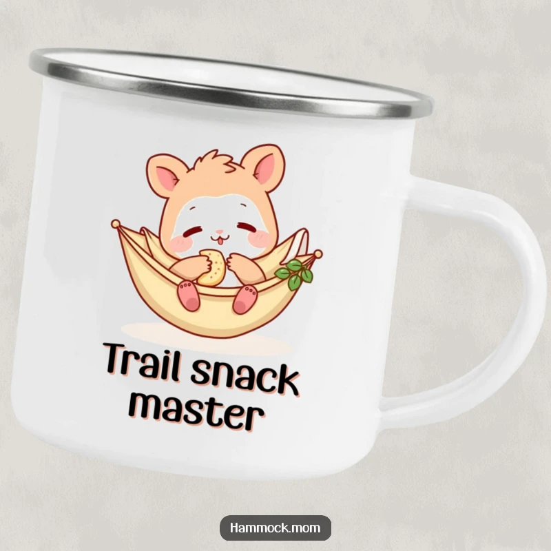 Funny Hammock Mom Animal Camping Mug: A cartoon mom animal relaxing in a hammock with snacks, perfect for campfire laughs and funny gifts.