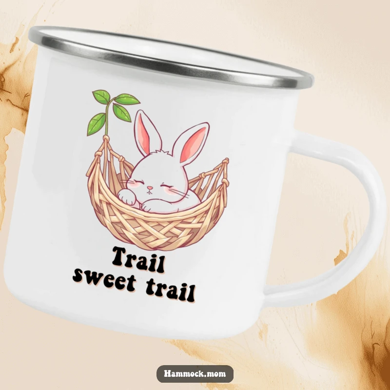 Funny bunny peacefully snoozing in a woven hammock on a sturdy camping mug, perfect for serene outdoor moments.