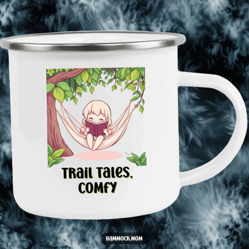 Funny camping mug featuring a character reading a book in a hammock, perfect for literary enjoyment outdoors with humor.
