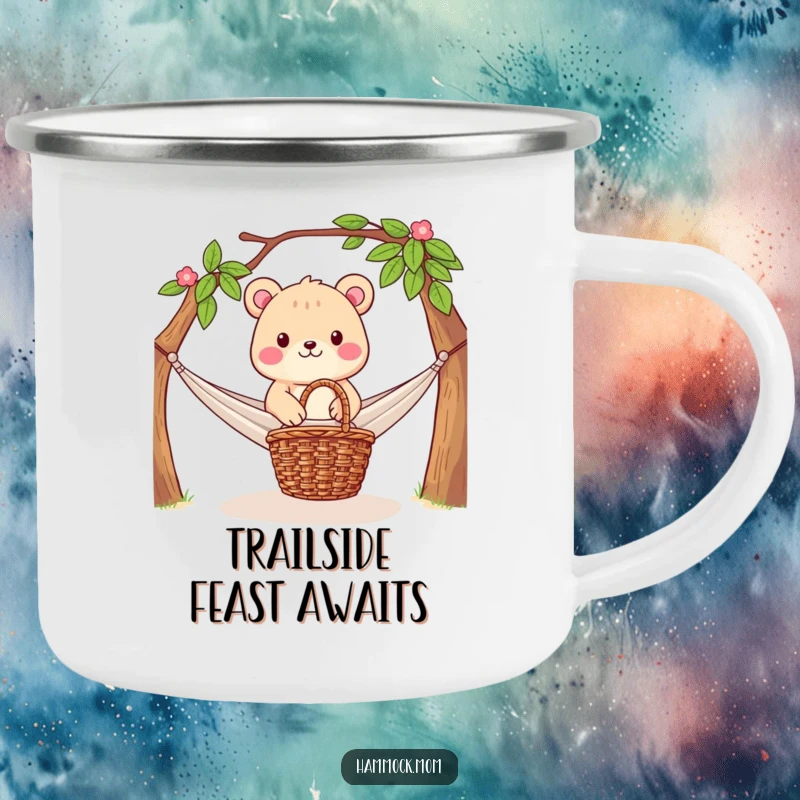 Funny Camping Mug: Durable enamel mug featuring an animal character relaxing in a hammock with a picnic basket, ideal for outdoor leisure.